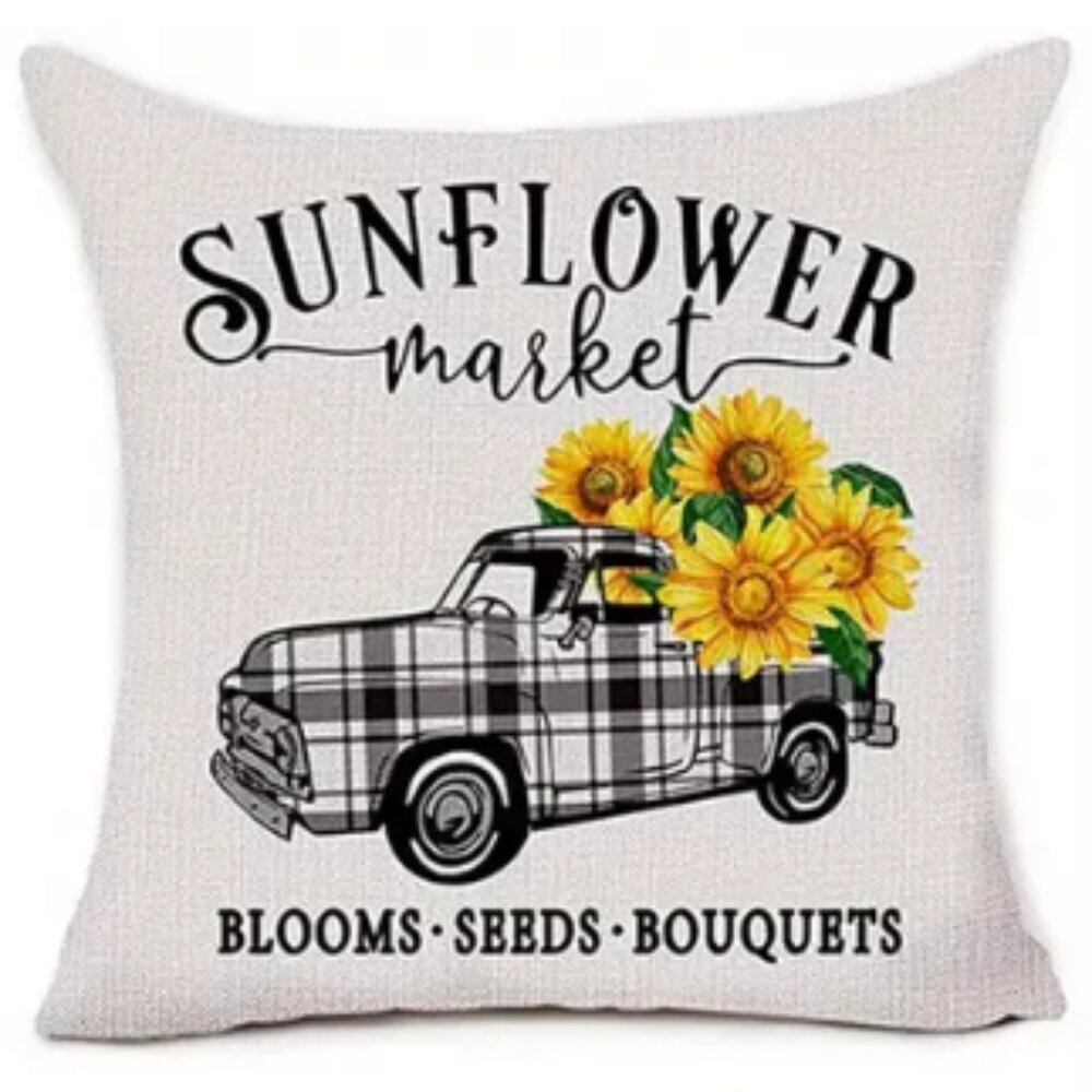 NEW FARMHOUSE SUNFLOWER FLORAL DECOR "SUNFLOWER MARKET" LINEN PILLOW COVER 17.7"